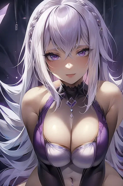 1womanl, White hair, hair with sex, Purple Plunge Neck Swimsuit, purples eyes.