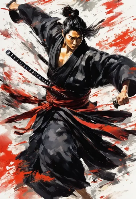 whole body,smile,Medium Hair,Samurai,Black kimono,(haori),(Intense sword fighting scene with outstretched arms),Drawing strokes drawn with rot ring 0,Dynamic movement and powerful brushstrokes、splash,