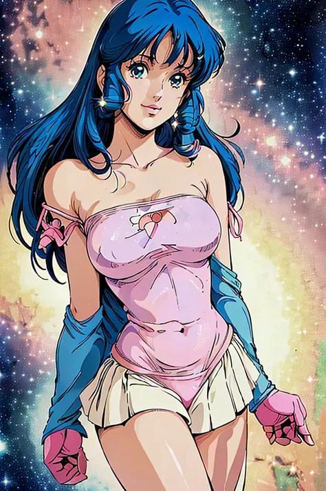 ((((masterpiece ,best quality, highest quality realistic retro anime......)))),(((lynn minmay))), blue dress, top wo nerae!, 1 g...