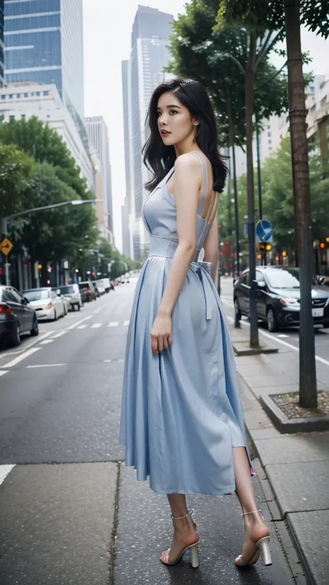 summer，18 years old plump girl，Clear facial features，Exquisite makeup，（Tight suspender skirt，Skinny hip wrap dress，High-heeled sandals：1.3），Big breasts，Thin waist and thick hips，City Streets，Full body photos from all angles，Fashion