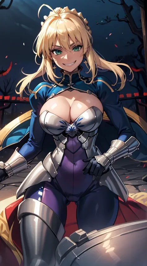 (Highest quality:1.3), Artoria Pendragon by Gate, ((Ahego)), Big Breasts, Cleavage, Fascinating, sexy face, sexy, Curved body, big ass, big , (Bodysuits), (graduate School), Grin、With a creepy smile, A smile with downturned corners