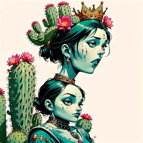 illustrate cactus princess, film screengrab, minimal, serene, perfect, strange, candid, cinematic, surreal, anthropomorphic cactus princess with crown of ornate cactus flowers (ladyfingers and opuntia, vibrant), , realism, photographed, timeless, lost in s...