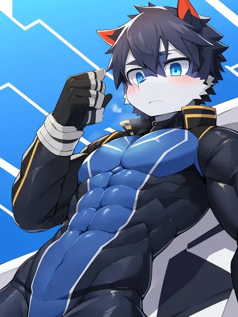 Thin macho　western black dragon　　abs　　　　　Hollow abs　　body suit　　thick arms　　　chest rig　　　、sweaty　　　skin glow　　profile　　Wearily　short of breath　　  　Chemo shota　　
have a 　blue eyes　Tired look jacket