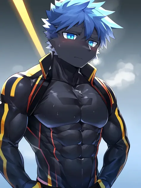 Thin macho　western black dragon　　abs　　　　　Hollow abs　　body suit　　thick arms　　　chest rig　　　、sweaty　　　skin glow　　profile　　Wearily　short of breath　　  　Chemo shota　　
have a 　blue eyes　Tired look jacket