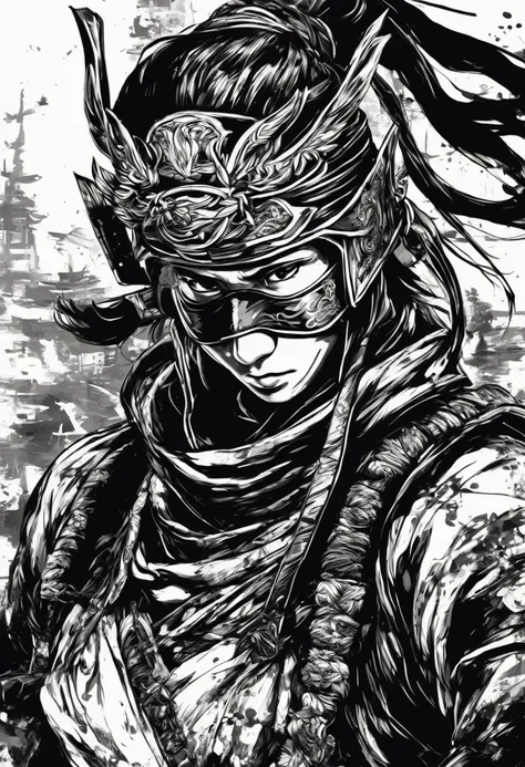 A masterpiece of a costumed ninja, By Aase Berg, High contrast color details, Black and White, Anime Style, Japan Theme, Ultra-detailed, super high quality, 4K, Complex lighting, Chiaroscuro, One color ink spot on white background, Drawing strokes drawn wi...