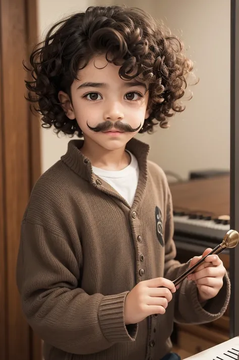 a boy with a mustache and curly hair who studies music