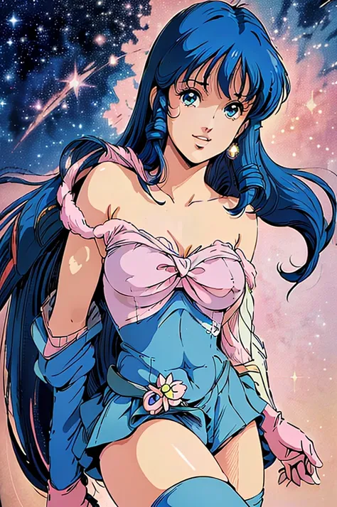 ((((masterpiece ,best quality, highest quality realistic retro anime......)))),(((lynn minmay))), blue dress, top wo nerae!, 1 g...