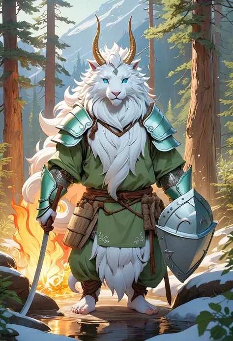 A mythical beast anthropomorphic、banya，tmasterpiece，Toenails，pale-blue，sickle，safe，Layered hair，flame，white colors，Fur，pastel green，metall armour，Great Wilderness East Meridian，dream-state、fanciful、Ultra-high resolution，high high quality，Export details