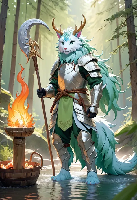 A mythical beast anthropomorphic、banya，tmasterpiece，Toenails，pale-blue，sickle，safe，Layered hair，flame，white colors，Fur，pastel green，metall armour，Great Wilderness East Meridian，dream-state、fanciful、Ultra-high resolution，high high quality，Export details