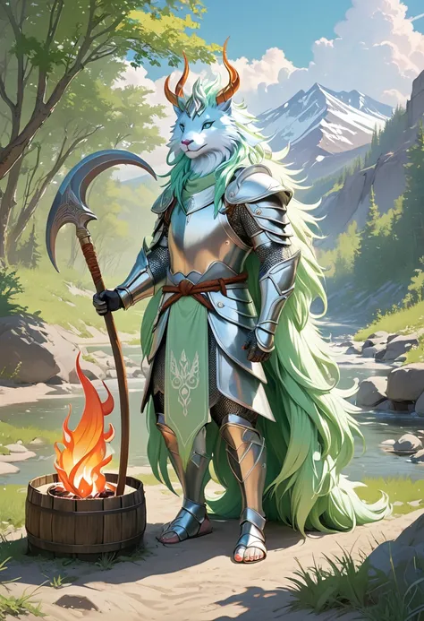 A mythical beast anthropomorphic、banya，tmasterpiece，Toenails，pale-blue，sickle，safe，Layered hair，flame，white colors，Fur，pastel green，metall armour，Great Wilderness East Meridian，dream-state、fanciful、Ultra-high resolution，high high quality，Export details