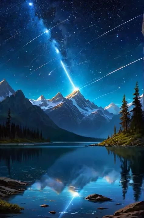 Starry Sky with Mountains and Lake, Jessica Rossier, Inspired by Jessica Rossier, Jessica Rossier Fantasy Art, Concept Art Magic Highlights, Official Artwork, Dream Painting, Ethereal Realm, Atmospheric artwork, dreamy matte paintings, serene endless stars...