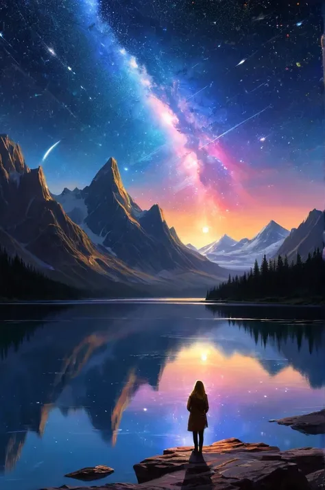 Starry Sky with Mountains and Lake, Jessica Rossier, Inspired by Jessica Rossier, Jessica Rossier Fantasy Art, Concept Art Magic Highlights, Official Artwork, Dream Painting, Ethereal Realm, Atmospheric artwork, dreamy matte paintings, serene endless stars...