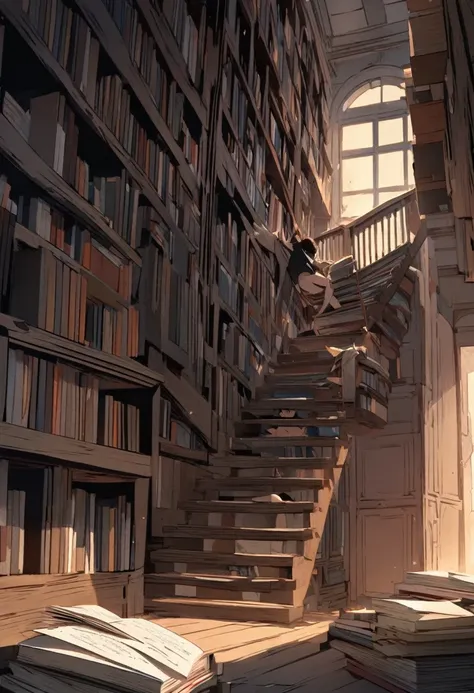 Alex frowns, tugging at the book again, which suddenly triggers a mechanism. A section of the bookshelf creaks and slowly swings open, revealing a dark, narrow staircase leading down.