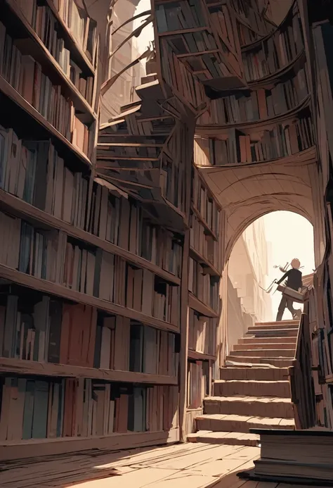 Alex frowns, tugging at the book again, which suddenly triggers a mechanism. A section of the bookshelf creaks and slowly swings open, revealing a dark, narrow staircase leading down.