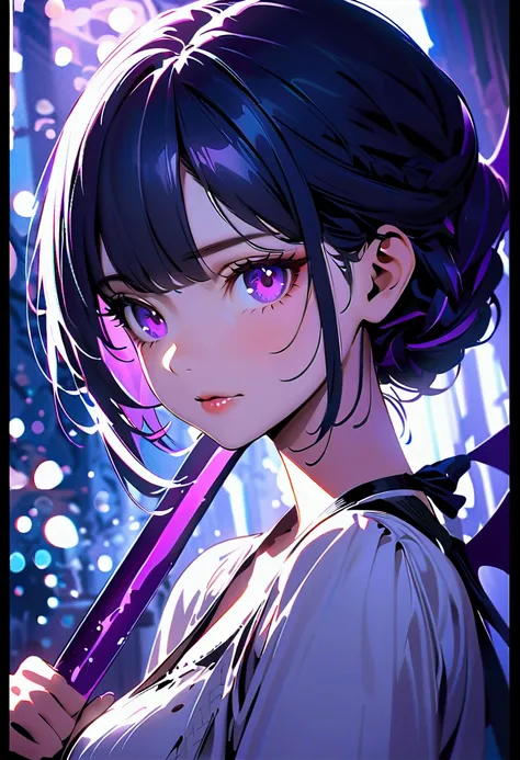 A girl with dark blue hair with purple highlights, purple eyes, and a white dress holding a katana with a purple blade, against a sky with wings, rosé braid, black dot under her left eye, calm expression, (best lighting,ultra-fine painting,sharp focus,phys...