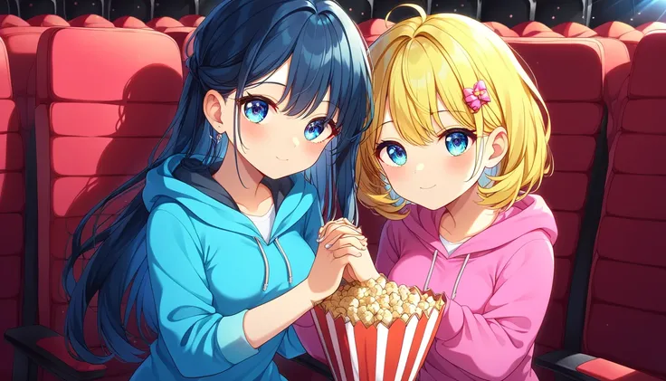 ((2girls:1.3)), ((hoodie:1.3)), ((movie theatre:1.3)), ((thinking:1.3)), ((holding hands:1.3)), ((yuri:1.3)), ((popcorn:1.3)), ((moe style:1.3)), ((perfect face)), ((extremely cute:1.3)), ((masterpiece:1.3)), ((8k)), ((best quality:1.3)), ((beautiful)), ((...