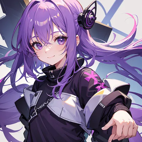 small girl with cold eyes and smiling face with purple hair