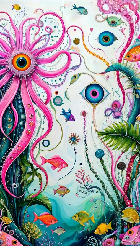 palm，fish，Tentacles，bird、Eye、diatom，Stitching together an abstract painting，Describing the inner world of autistic people，Sense of space，White Space，interesting，Innocence，Psychedelic Art，Pink theme