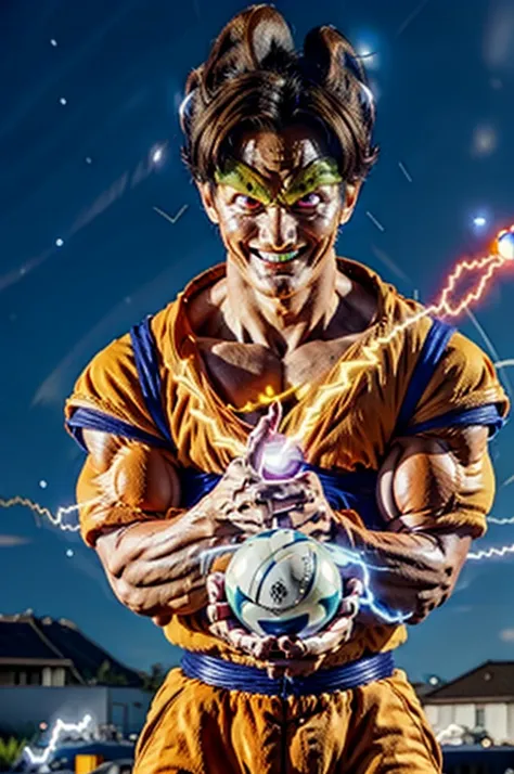 kamehameha, charging, casual wear, look at viewer, (energy ball), electricity, aura, perfect_cell, grin, red_eye