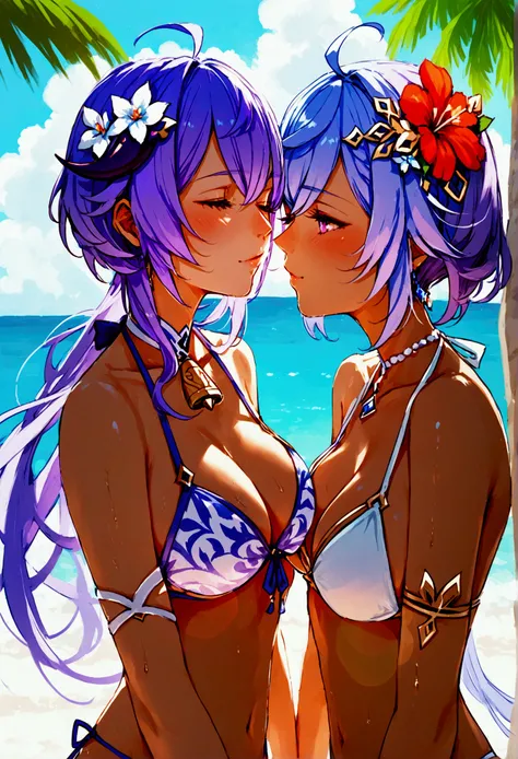 Genshin impact, 2 women, Yuri, purple hair keqing, ganyu, looking at each other, romantic kiss, blushing, bikini, beach, NSFW, ecchi 