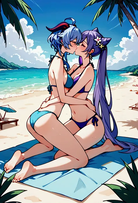 Genshin impact, 2 women, Yuri, purple hair keqing, ganyu, looking at each other, romantic kiss, blushing, bikini, beach, NSFW, ecchi 