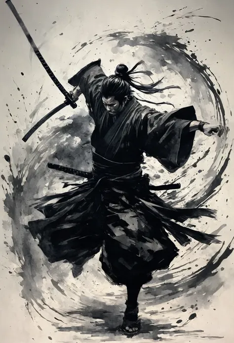 ink painting,１color,whole body,smile,medium hair,samurai,black kimono,(haori),(intense sword fighting scene with outstretched ar...