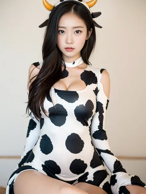 Focus crotch、Sitting with legs apart、Cow headdress、Photographed on a farm with cows、(((wearing a cow costume)))、 ((Best Quality, 8K, masterpiece :1.3)), Full body、beautiful girl with perfect figure :1.4, Slender Abs :1.1, ((Huge breasts :1.0)),Ultra-detail...