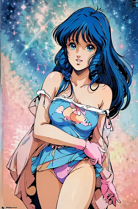 ((((Masterpiece ,Best Quality, Highest quality realistic retro anime......)))),(((lynn minmay))), blue dress, top wo nerae!, 1 girl, alone, ((hyper realistic long blue fur)), looking at the viewer, SMILE, Hits,shirt, ((Very detailed and realistic light blu...