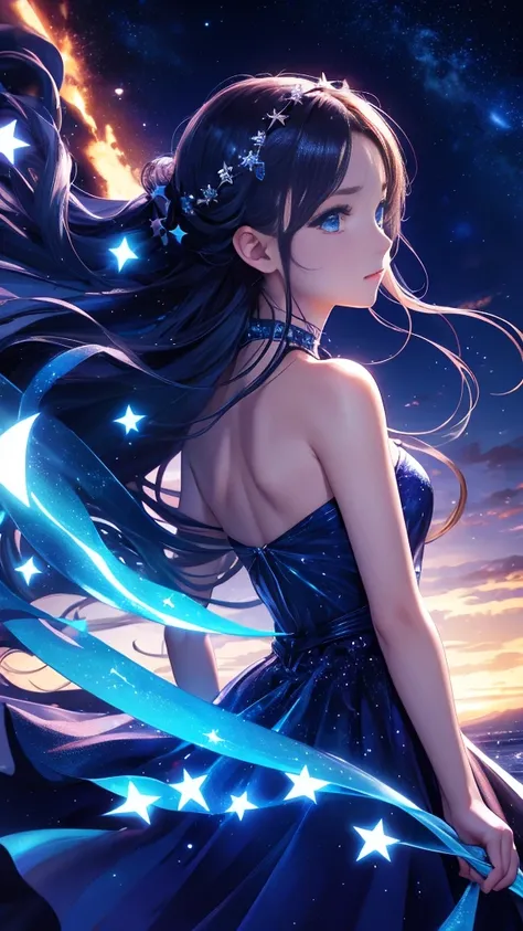 starの妖精、cute、Highest quality、Masterpiece、Official Art、The best dynamic composition、star、universe、流star群、xcdd, One girl, alone, dress, water遊び, star (symbol), Long Hair, Skirt Hold, water, white dress, Bare shoulders, null, night, Shine, blue eyes, Are stan...