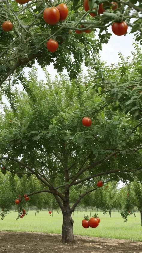 tomato，A tree is，In the orchard，sunny，红彤彤的tomato，The trees are full