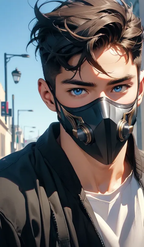 1 young boy,school background,absurderes,work of art,Bullish,solution,intrincately detailed,muscular,strutting plein-air,gorgeous eyes,face detailed,plein-air,Global illumination,Subsurface Dispersion, with a mask in his hands next to his face