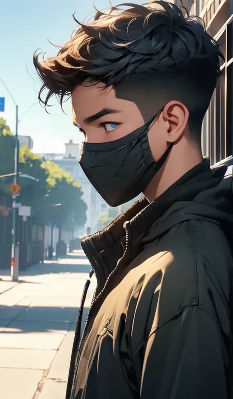 1 young boy,school background,absurderes,work of art,Bullish,solution,intrincately detailed,muscular,strutting plein-air,gorgeous eyes,face detailed,plein-air,Global illumination,Subsurface Dispersion, with a mask in his hands next to his face