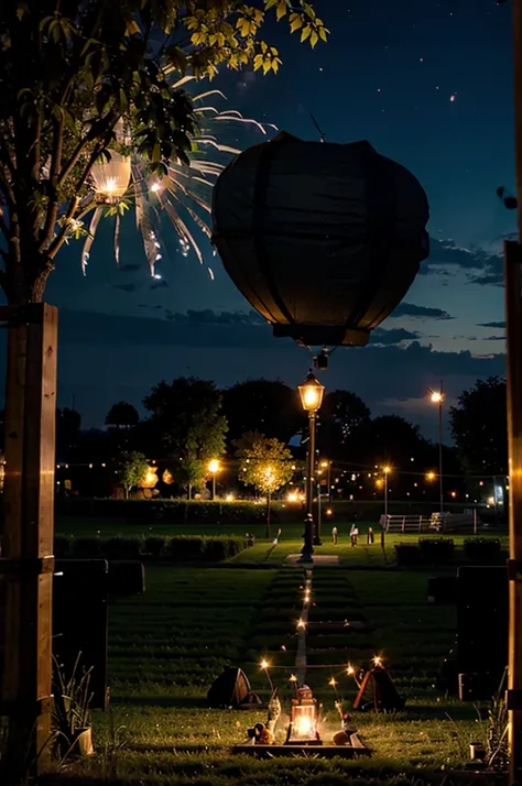 POSTER 3D.
ORANB PEOPLE PLAYING FIREWORKS AND FLYING LANTERNS IN A FIELD IN A VERY BEAUTIFUL PLACE