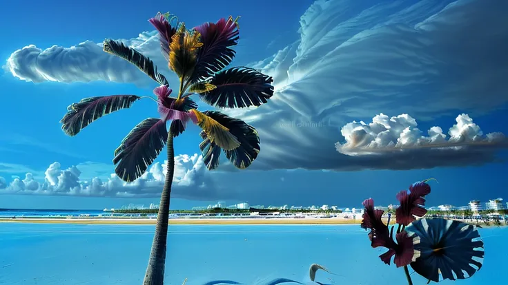 ((best quality)), ((masterpiece)), (detailed), (beach, palm tree:1.3), beach, shimizu,(blue sky, cumulonimbus:1.3),(starfish, sh...