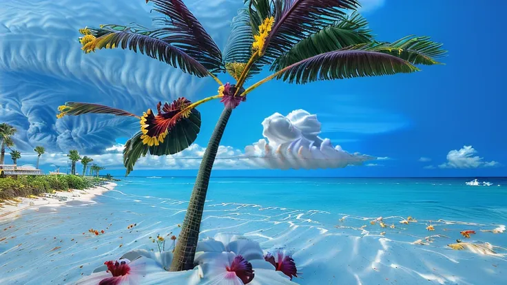 ((best quality)), ((masterpiece)), (detailed), (beach, palm tree:1.3), beach, shimizu,(blue sky, cumulonimbus:1.3),(starfish, sh...