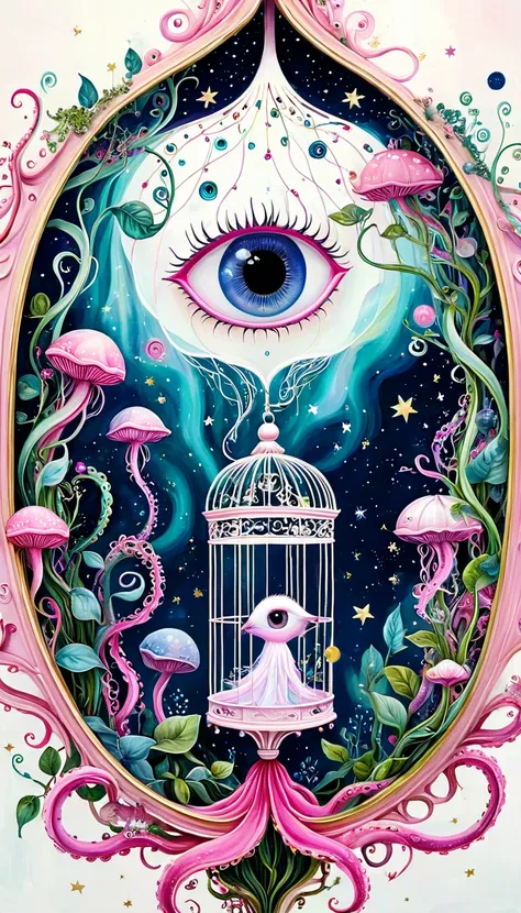 大树上的Eye风铃，birdcage，plant，Tentacles，Eye、Starry Sky，Stitching together an abstract painting，Describing the inner world of autistic people，Sense of space，White Space，interesting，Innocence，Psychedelic Art，Pink Theme