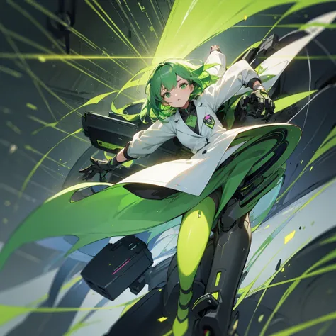 girl falling in a binary abyss, numbers, green hair, mechanical arms, futuristic, green eyes, full body, lab coat, technological chaos