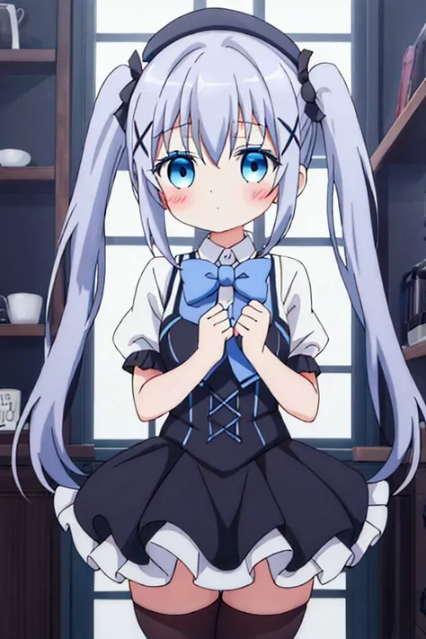 girl，black tights，light blue hair，twin tails