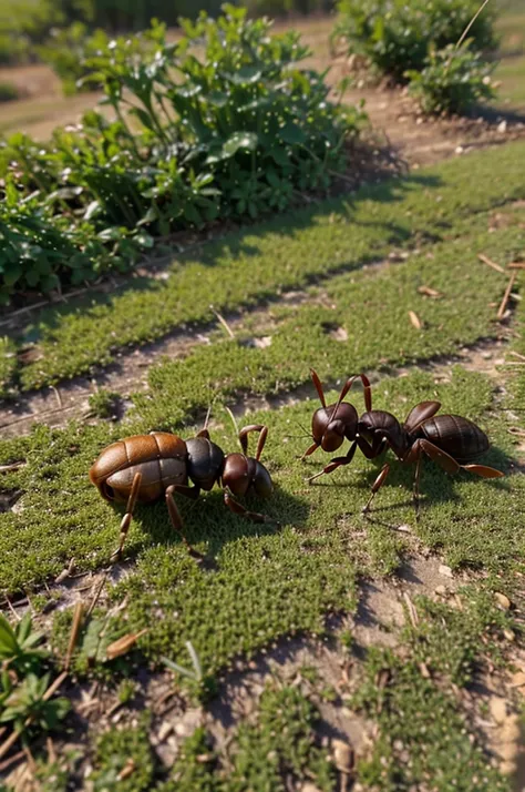 Little ant and little grasshopper, ant on field and grasshopper on grass leaf.