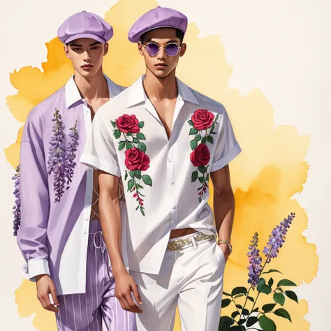 candid fashion illustration of young mixed race 2man, both aged 18-23 year old, ((showcase fashion look book in linen outfits)),...