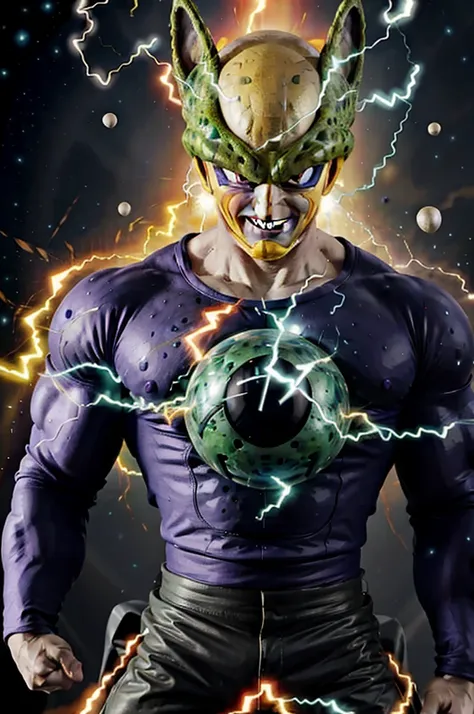 kamehameha,cell face jared letto charging, casual wear, look at viewer, (energy ball), electricity, aura, perfect_cell, grin, re...