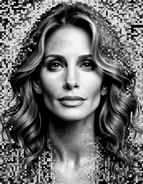 art of actress julia roberts whose face is made of pixelated images, in dark black and white style, Karl Kopinski, Detailed Pictures, Vai Nicol MacLeod, psychological depth in characters, modular, Roger Deakins