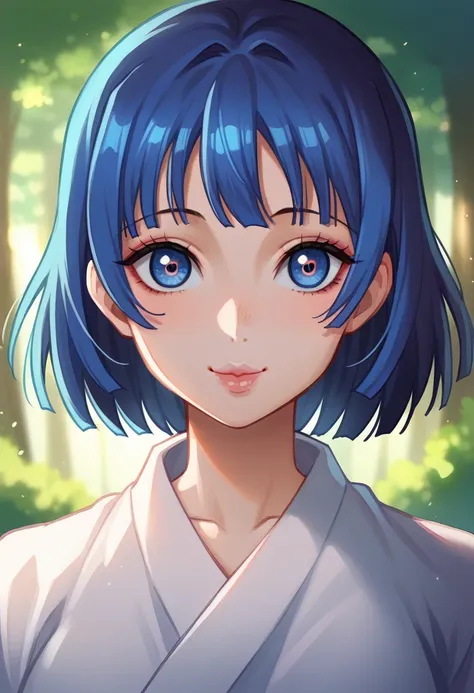 a cartoon character from Demon Slayer, 1girl, beautiful detailed eyes, beautiful detailed lips, extremely cute, smile cute, black and BLUE hair, BLUE Eyes,  usando uma saia, e vestindo um Haori branco, olhos azuis oceano, fundo de dia, background light day...