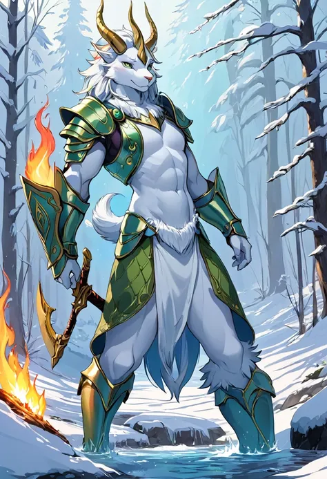 A mythical beast anthropomorphic、banya，tmasterpiece，Toenails，pale-blue，sickle，safe，Layered hair，flame，white colors，Fur，pastel green，metall armour，Great Wilderness East Meridian，dream-state、fanciful、Ultra-high resolution，high high quality，Export details