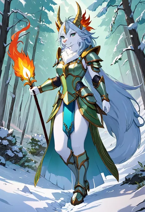 A mythical beast anthropomorphic、banya，tmasterpiece，Toenails，pale-blue，sickle，safe，Layered hair，flame，white colors，Fur，pastel green，metall armour，Great Wilderness East Meridian，dream-state、fanciful、Ultra-high resolution，high high quality，Export details