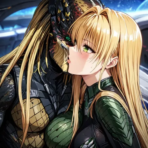 ((Highest quality)), ((masterpiece)), (detailed), （Perfect Face）、The woman is Tiare, a female predator with green eyes and medium-long blonde hair, wearing a black predator bodysuit.、She is happily kissing and snuggling with her husband, the Predator, in t...