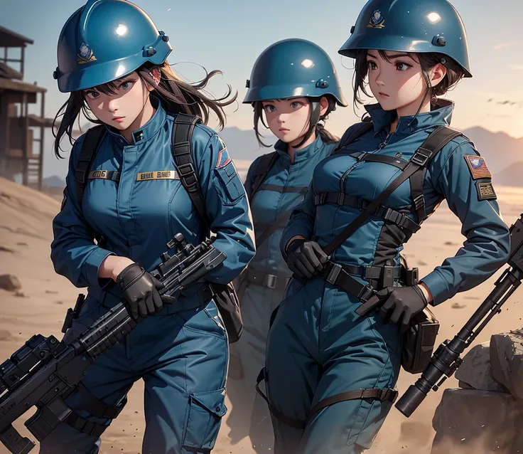 A group of female soldiers all wearing blue military uniforms，Wear a steel helmet、Military Pants、Individual equipment set、Alert with guns、Write details、masterpiece、best quality、Highly detailed CG、8K picture quality