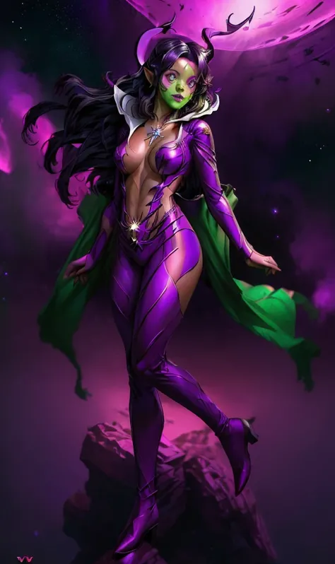 ((stsapph2024)) a beautiful((jenna_ortega_v3 )) (tiefling colored skin, horns, pointy ears red skin )) with ((green skin)), curly black hair, (((wearing a violet suit))), floating in space, 5 detailed fingers, high quality, masterpiece, photorealistic, raw...