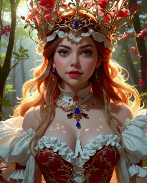 the overall theme and style should feel like. a hybrid of fairytale and Science Fiction. extremely beautiful model, female, long blonde hair, perky breasts, cleavage,, oppulentform fitting hooped skirt, red corset, large exagerated extravagant tiara. Wide ...