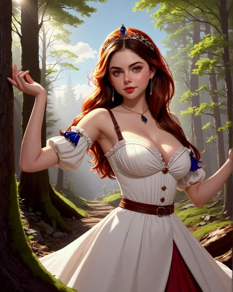 the overall theme and style should feel like. a hybrid of fairytale and Science Fiction. extremely beautiful model, female, long blonde hair, perky breasts, cleavage,, oppulentform fitting hooped skirt, red corset, large exagerated extravagant tiara. Wide ...